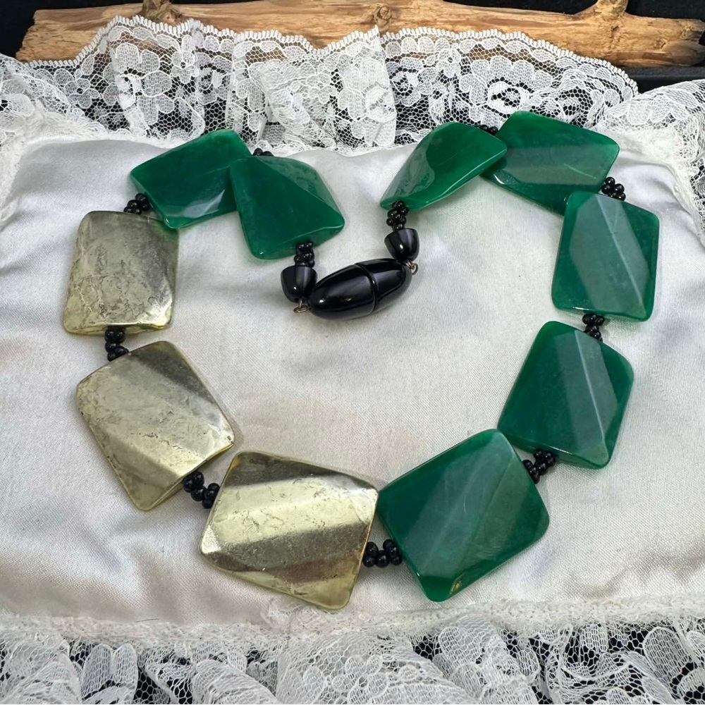 Vintage Chic Green and Gold  Acrylic Necklace with Black Accents